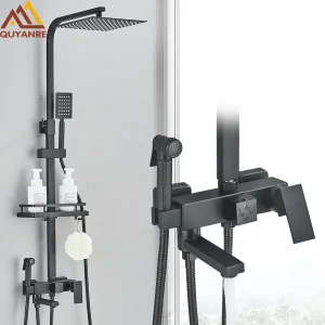 Robinet de douche chromé noir à 3/4 voies, douche de pluie, mélangeur d&rsquo;eau chaude et froide, robinet de Bidet, étagère de produits pour salle de bains, mélangeur de douche