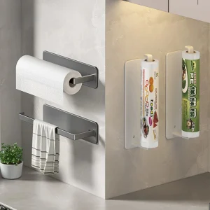 Porte-serviettes en papier auto-adhésif, porte-rouleau de papier toilette, sans poinçonnage, cuisine salle de bains, support de rangement allongé, gris noir blanc