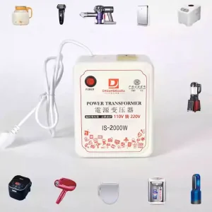 Transformateur convertisseur tension 110V 220V 2000W portable haute puissance compact boîtier plastique blanc interrupteur rouge câble intégré certifications CQC CE Transformateur convertisseur tension 110V 220V 2000W portable haute puissance compact boîtier plastique blanc interrupteur rouge câble intégré certifications CQC CE