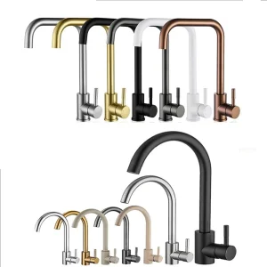 Robinet de cuisine rotatif à toutes directions, mélangeur d&rsquo;eau froide et chaude noire, robinet de cuisine à poignée unique, brosse blanche dorée