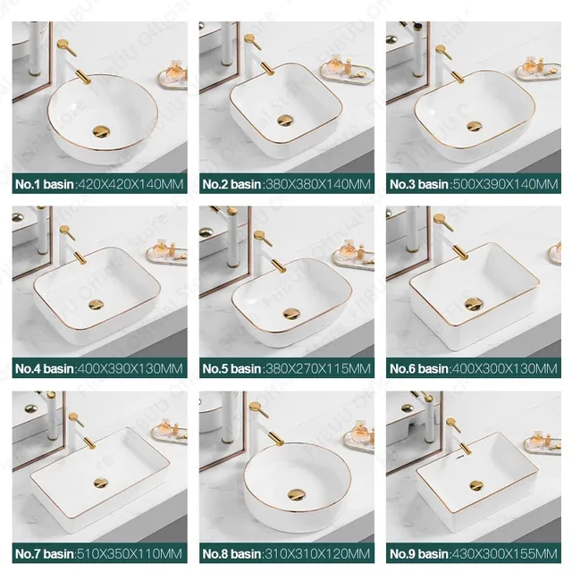 Évier de table en céramique blanche avec bord doré – vue 7