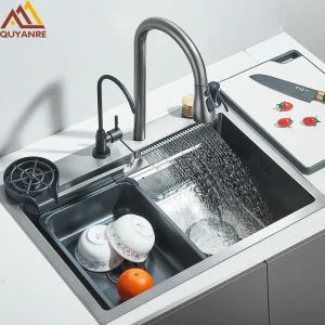 Évier de cuisine cascade en acier inoxydable 304, grand lavabo simple avec grand évier à fente unique au-dessus du comptoir avec tasse Disher Évier de cuisine cascade en acier inoxydable 304, grand lavabo simple avec grand évier à fente unique au-dessus du comptoir avec tasse Disher