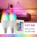 Ampoule LED RGB 16 couleurs E14, intensité variable, 24 touches, télécommande 6W AC220V 110V, changement coloré pour chambre à coucher, salon, lampe de bureau