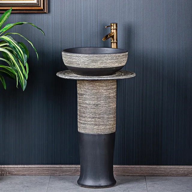 Lavabo colonne fonte effet pierre striée gris beige…
