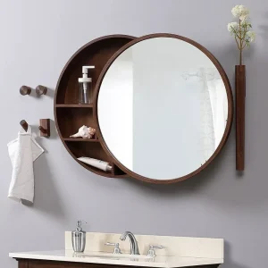 Armoire à Miroir en Bois Massif, Porte Coulissante, Rangement d&rsquo;Assistance, Type Mural, Miroir Décoratif Rond, Décoration de Maison