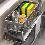 Égouttoir d&rsquo;évier de cuisine, support de rangement en plastique à drainage automatique, étagère d&rsquo;évier, porte-éponge et porte-savon, porte-serviettes