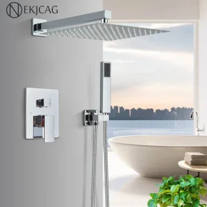 Ensemble de douche à main chromé avec bec rotatif, robinet de douche à effet pluie, chaud et froid, centre commercial, 12/16 po