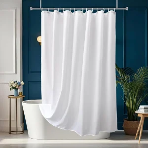 Rideau de bain blanc en polyester imperméable | Doux au toucher lavable en machine | Le bas lesté continuer en place | Ourlet supérieur renforcé & Rideau de bain blanc en polyester imperméable | Doux au toucher lavable en machine | Le bas lesté continuer en place | Ourlet supérieur renforcé &