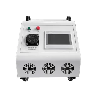 Testeur chargeur GBT DC portable compact industriel mobile refroidissement ventilateurs écran tactile étanche prise sécurité arrêt urgence roulettes