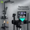 colonne douche thermostatique murale robinetterie salle bain tête pluie douchette main latérale finition noir mat mitigeur affichage température