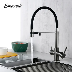 Robinet de cuisine gris bronze mitigeur d&rsquo;évier en laiton 3 voies montage de tuyau noir retirer double buse de pulvérisation robinets de cuisine d&rsquo;eau