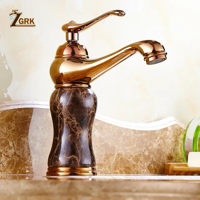 Robinet lavabo monocommande doré café marbre veiné bec… – vue 2