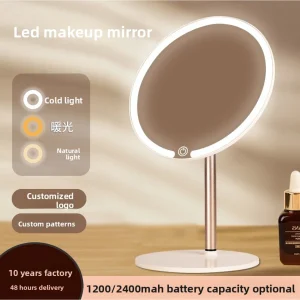 Miroir de maquillage rond à LED, miroir de bureau avec métal léger, petit cadeau, vente en gros, nouvelle collection 2025
