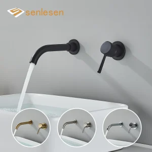Senlesen robinet de lavabo noir, robinet de salle de bains en laiton dissimulé mural à poignée unique, mélangeur d&rsquo;eau chaude et froide, robinet de lavabo d&rsquo;évier