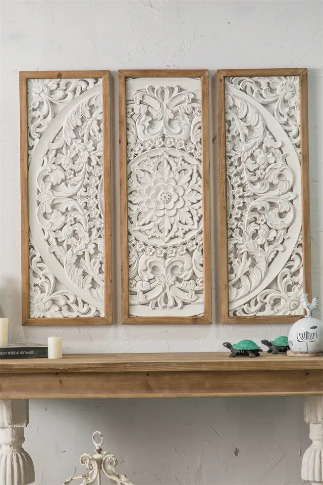 Panneau mural triptyque bois sculpté blanc vieilli… – vue 5