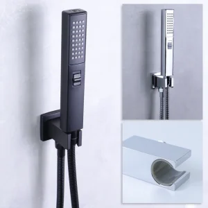 Mélangeur de douche de pluie de salle de bains, support carré en laiton, douchette à main ABS, 2 fonctions de débit d’eau avec Valve, tuyau SS noir chromé Mélangeur de douche de pluie de salle de bains, support carré en laiton, douchette à main ABS, 2 fonctions de débit d’eau avec Valve, tuyau SS noir chromé