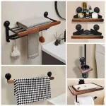 Porte-serviettes en bois massif T1, porte-rouleau de papier hygiénique, rangement d&rsquo;angle pour brosse de toilette, accessoires de quincaillerie trempés Accessoires de cuisine porte-serviettes ventouse