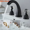 Robinet de salle de bains monté sur le pont, poignées en cristal Antique, mélangeur chaud-froid, grue de lavabo, évier à trois trous, finition or noir, robinet mitigeur de baignoire Robinet de salle de bains monté sur le pont, poignées en cristal Antique, mélangeur chaud-froid, grue de lavabo, évier à trois trous, finition or noir, robinet mitigeur de baignoire