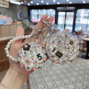 Miroir de maquillage en diamant scintillant, pliable sur deux côtés, rond, Portable, chaîne de perles, porte-clés, miroir de poche de voyage, verre de vanité