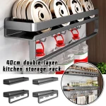 organisateur mural cuisine inoxydable double couche rangement épices bouteilles bocaux ustensiles minimaliste gris mat anticorrosion crochets porte torchons