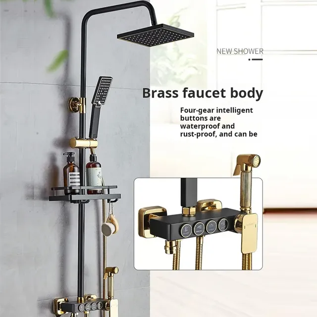 Colonne douche murale noire mate dorée tête pluie carrée… – vue 2