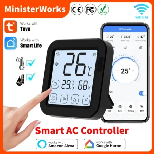 Thermostat de climatiseur intelligent Tuya, capteur de température et d’humidité intégré pour télécommande IR, prend en charge Alexa Google Home Thermostat de climatiseur intelligent Tuya, capteur de température et d’humidité intégré pour télécommande IR, prend en charge Alexa Google Home