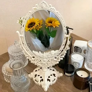Miroir de maquillage de Style rétro européen, ovale sculpté, circulaire, rotatif à 360 degrés, pour bureau, décoration de la maison