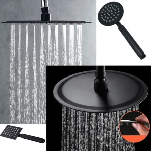 Pommeau de douche à effet de pluie Ultra-fin, rond et carré, en acier inoxydable noir mat, 6 « /8&Prime;/10 « /12 », pomme de douche à main/extension
