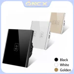 interrupteur mural tactile capacitif panneau verre trempé brillant rectangulaire minimaliste rétroéclairé pictogramme ampoule monotouche multitouche encastré antitraces noir blanc doré