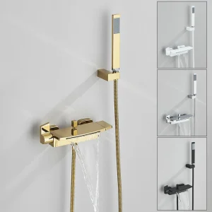 Robinet de douche doré, cascade, mitigeur de bain-douche, ensemble de douche de salle de bains, système de douche de bain blanc et noir avec douchette Robinet de douche doré, cascade, mitigeur de bain-douche, ensemble de douche de salle de bains, système de douche de bain blanc et noir avec douchette