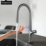 Robinet de cuisine extractible gris pistolet de style moderne avec 1 poignée pour détection intelligente d&rsquo;eau chaude et froide et 2 fonctions pour robinet d&rsquo;évier