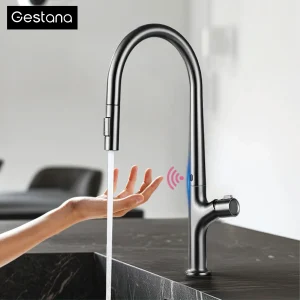 Robinet de cuisine extractible gris pistolet de style moderne avec 1 poignée pour détection intelligente d&rsquo;eau chaude et froide et 2 fonctions pour robinet d&rsquo;évier