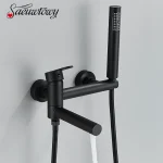 Robinet de baignoire noir à bec rotatif mural, mitigeur de salle de bains à une poignée, Kits de douche de salle de bains d&rsquo;eau chaude et froide