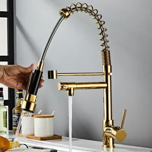 Robinet de cuisine à ressort chromé, double bec extractible, douche à main pivotante à 360 degrés, mélangeur de cuisine, grue chaude et froide, robinets à ressort à 2 sorties Robinet de cuisine à ressort chromé, double bec extractible, douche à main pivotante à 360 degrés, mélangeur de cuisine, grue chaude et froide, robinets à ressort à 2 sorties