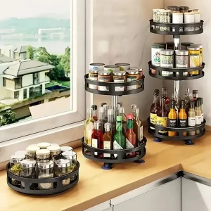 360 ° Support de rangement rotatif pour épices de cuisine, organisateur de bureau sans poinçonnage, étagère ronde multicouche pour bouteilles d&rsquo;épices