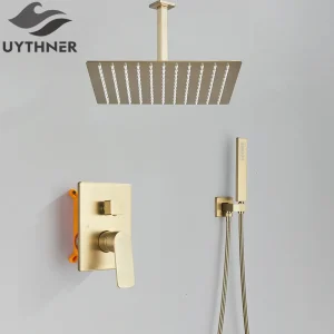 Robinet de douche doré brossé, ensemble de robinets de douche de bain à pluie mural de 8 pouces avec douchette à main mitigeur de douche de pluie à poignée unique Robinet de douche doré brossé, ensemble de robinets de douche de bain à pluie mural de 8 pouces avec douchette à main mitigeur de douche de pluie à poignée unique