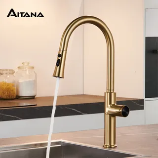 Robinet de cuisine de luxe en or brossé avec design extractible