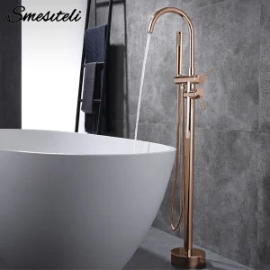 Baignoire Autoportante en Laiton Rose localité, Déviateur de Douche, Robinet de Centre Commercial Monté au Sol, Bec de Bain avec Douchette