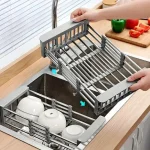Panier de vidange d&rsquo;évier extensible en acier inoxydable, support de séchage de vaisselle de cuisine pliable avec grille de filtre de vidange, plateau organisateur d&rsquo;évier