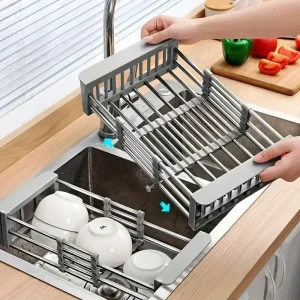 Panier de vidange d’évier extensible en acier inoxydable, support de séchage de vaisselle de cuisine pliable avec grille de filtre de vidange, plateau organisateur d’évier Panier de vidange d’évier extensible en acier inoxydable, support de séchage de vaisselle de cuisine pliable avec grille de filtre de vidange, plateau organisateur d’évier