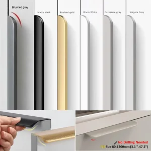 Poignées meubles invisibles encastrées minimalistes aluminium anodisé finition mate longueurs personnalisables 80mm 1200mm installation sans perçage adhésive montage caché