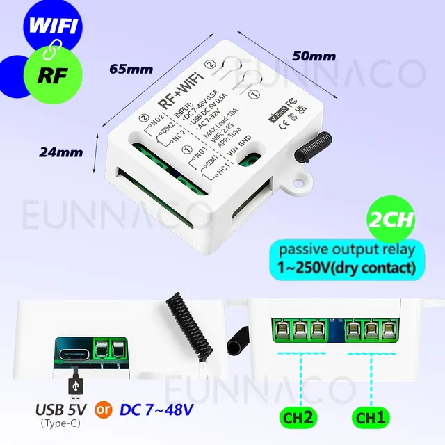 RF TUYA WiFi commutateur intelligent DC 12V 24V 48V 2CH… – vue 6