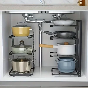 Organisateur de support de casseroles réglable, support de rangement de casseroles en acier inoxydable de cuisine, organisateur de casseroles et de poêles ménagers multicouches pour la cuisine