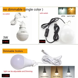 Ampoule LED USB 5V 3W 10W, lumière à intensité réglable, idéale pour la lecture ou la nuit, crochet mural, interrupteur blanc chaud pour le Camping