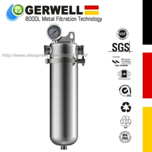 Préfiltre eau sous évier inox SUS304 maille 40 microns débit 8000 litres heure manomètre purge filetage