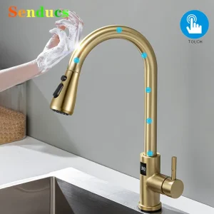 Robinet d’évier de cuisine numérique tactile avec pulvérisateur extractible, mitigeur de cuisine chaud et froid, robinets de cuisine extractibles en or brossé Robinet d’évier de cuisine numérique tactile avec pulvérisateur extractible, mitigeur de cuisine chaud et froid, robinets de cuisine extractibles en or brossé