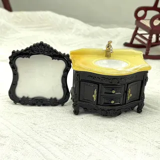 Meuble vasque miniature baroque victorien noir sculpté tiroirs portes…