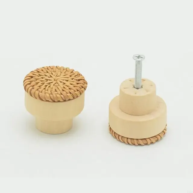 Poignées boutons tiroirs bois rotin tressé rondes embase… – vue 3