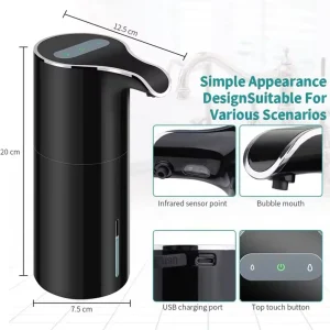 Distributeur savon automatique sans contact capteur infrarouge tactile rechargeable USB mousse noir brillant compact cylindrique antigoutte