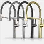 Robinet de cuisine à ressort noir, douche à main extractible, mitigeur sculpté, grue, tube en caoutchouc chaud et froid, brosse chromée grise